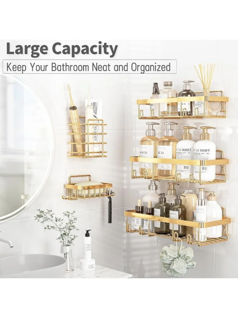 5 Pack Shower Caddy Set - Stylish Gold Bathroom Storage for Organized Showers